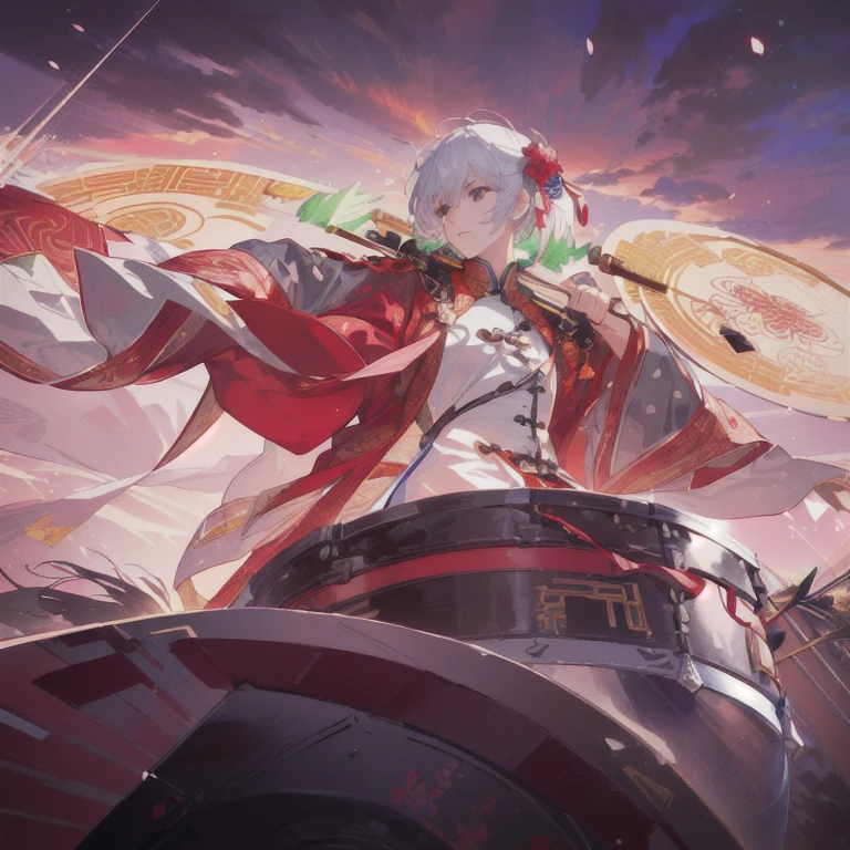 a close up of a person with a drum and a sword, extremely detailed artgerm, heise jinyao, keqing, sakimichan frank franzzeta, rossdraws cartoon vibrant