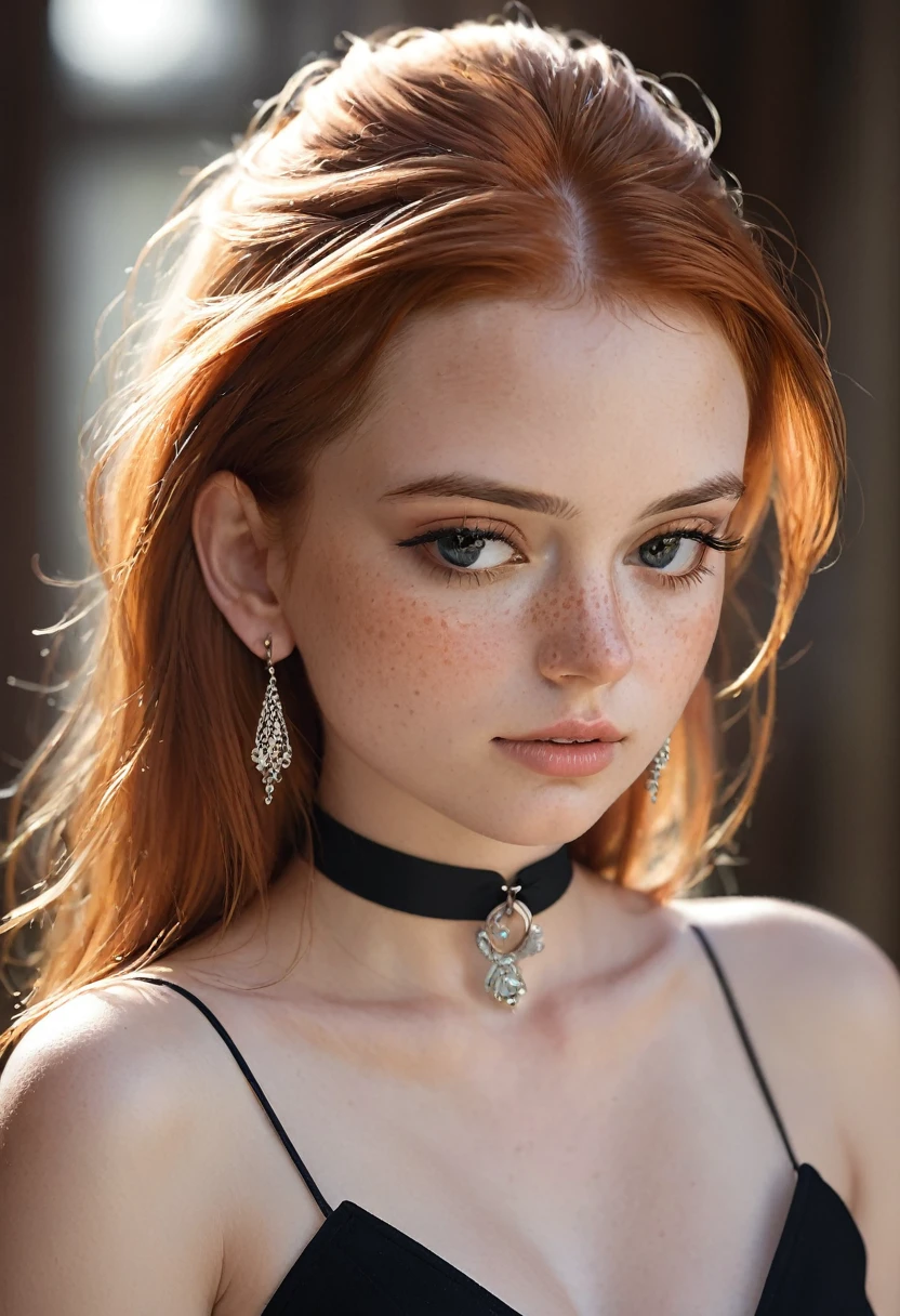  1 girl 18yo, backlighting, bare shoulders, black choker, blurry background, blush, breasts, choker, cleavage, closed mouth, collarbone, earrings, forehead, freckles, hair over shoulder, jewelry, long hair, looking down, pointy nose,  lips glossy, shadow, solo, thick eyebrows, thick eyelashes, upper body, ginger hair, Best quality, masterpiece, ultra high res, (photorealistic:1.4), raw photo, off shoulder