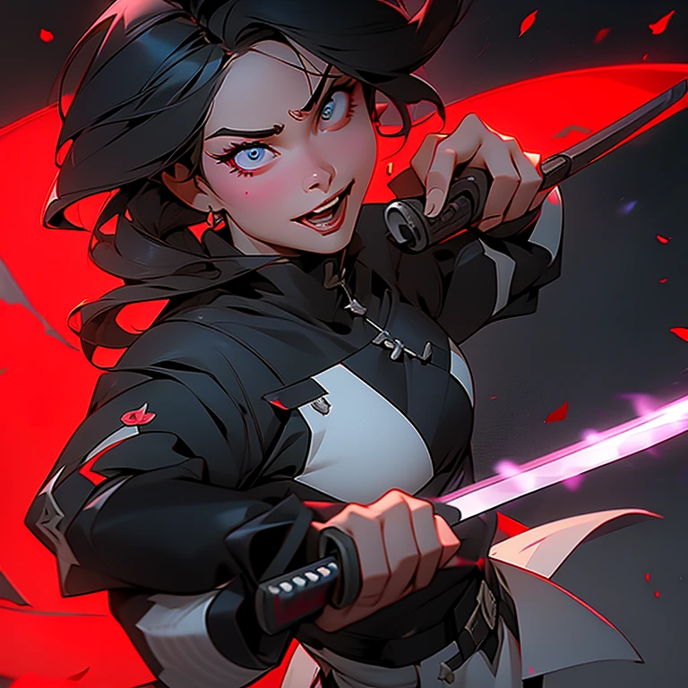 Chinese Mulan attack position, badgirl, com espada katana e tentaculos ao redor, gray neon smoke, cristais azuis na parede