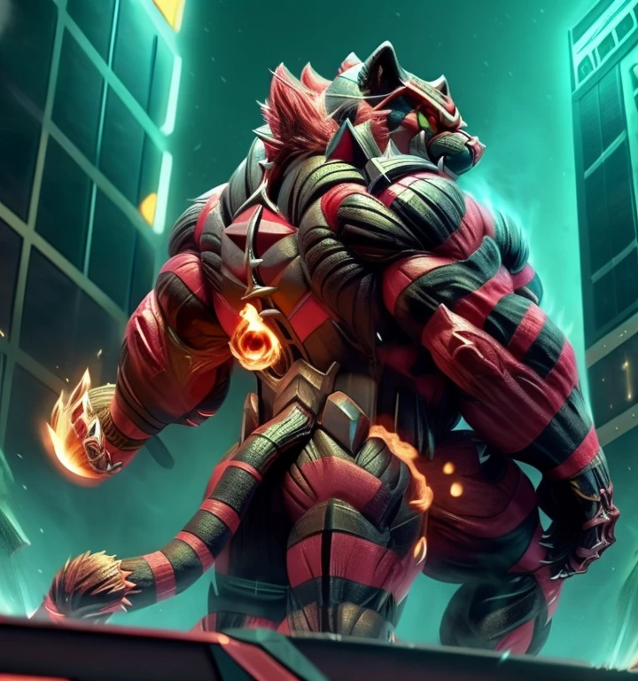 (masterpiece, best quality, detailed:1.2) (Pokémon) detailed full body, incineroar, full body, sparkling skin, Vibrant colors, 4K,Its full plate armor emphasizes the muscles. a knight's mechanical armor, glowing wide and heavy armor, Gigantic incineroar, big muscle (pecs, triceps, traps) unusually developed muscular body, body full of huge muscles. showing off muscles, pectorales enormes. Exaggeratedly huge muscles. Gigachad Muscular, whole body shines like metal. He wears a black cloak on his back. The cloak is so long that it touches the ground, futuristic city, Main is RED COLOR, black bodysuit, fire belt, nj5furry, He wears the same armor as himself from head to foot. Wearing full plate armor, Colossal giant Incineroar over a battlefield, 