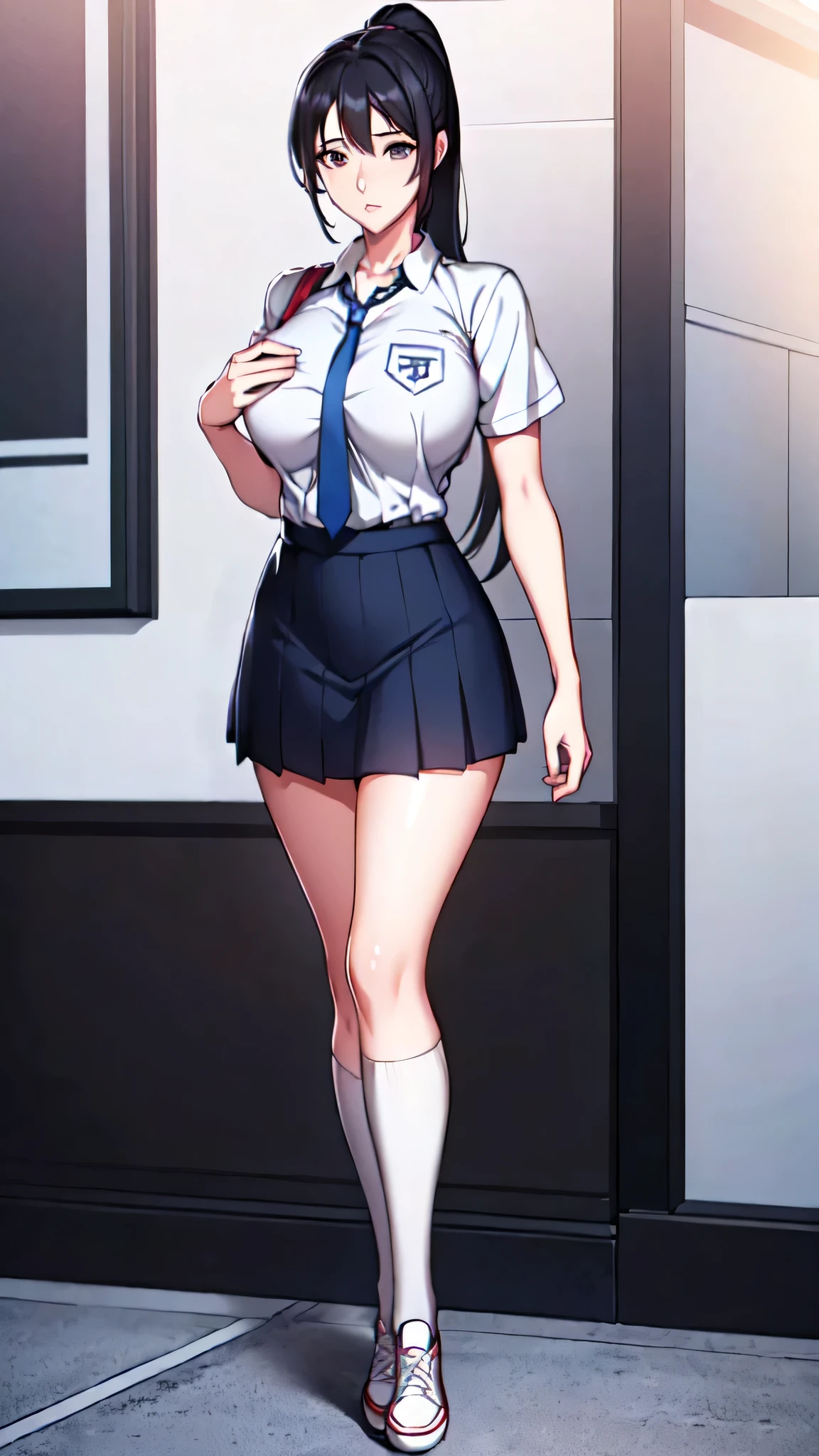 (best quality:1.5, highres, UHD, 4K, detailed lighting, ((ultra high quality)), ((ultra detail)), 1 girl solo, anime girl with ponytail and tie in a, black hair, anime moe artstyle, as an anime character, wearing , wearing a , nagatoro, an anime girl, cel shaded anime, wearing japanese , Ezra scarlet, beautiful anime high school girl, ((uniform high school)), wearing short sleeve white shirt white tie, female anime character, anime character, in an anime style, ((full body)), converse, converse high, (big breasts), highly detailed face, cool, tomboy