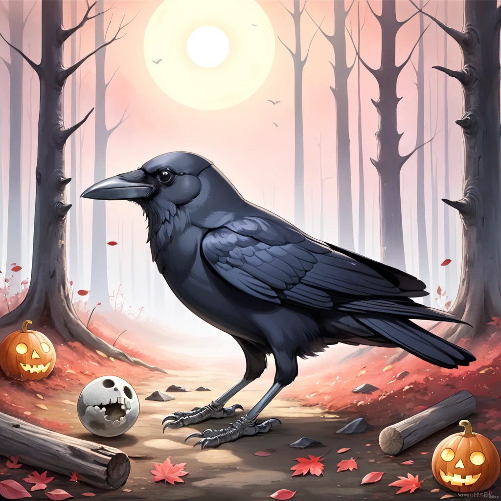 Crow, duskull, dusk, Crows fall all over the ground, dunkler Wald, Kommunismus, Utopie, die Seelen der Toten, riesiger roter Mond, Erschreckend \(sauber\), Crown, 
best quality, good quality, highres, Meisterwerk, 
