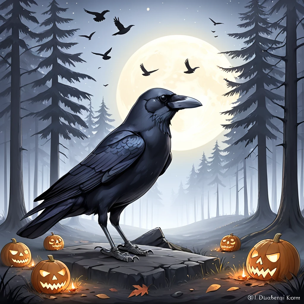 Crow, duskull, dusk, Crows fall all over the ground, dunkler Wald, Kommunismus, Utopie, die Seelen der Toten, riesiger roter Mond, Erschreckend \(sauber\), Crown, 
best quality, good quality, highres, Meisterwerk, 
