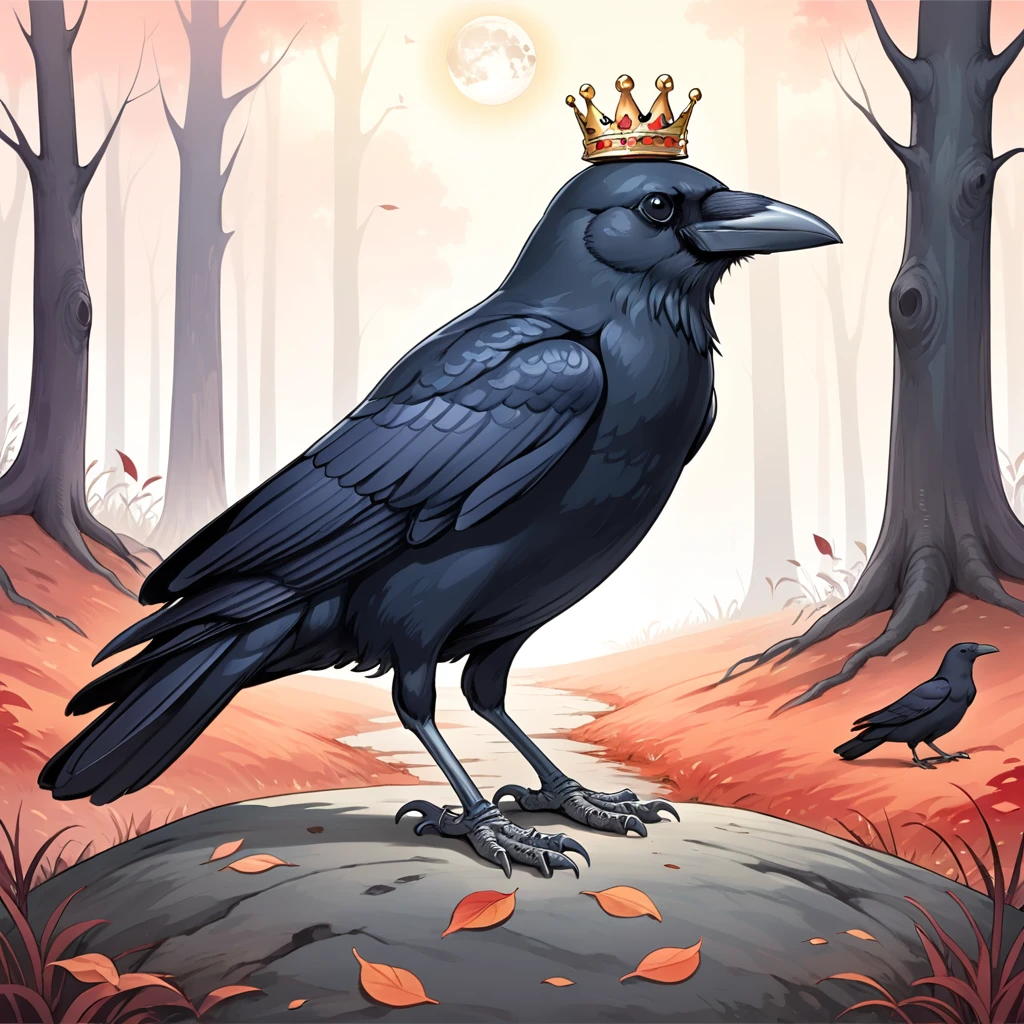 Crow, duskull, dusk, Crows fall all over the ground, dunkler Wald, Kommunismus, Utopie, die Seelen der Toten, riesiger roter Mond, Erschreckend \(sauber\), Crown, 
best quality, good quality, highres, Meisterwerk, 
