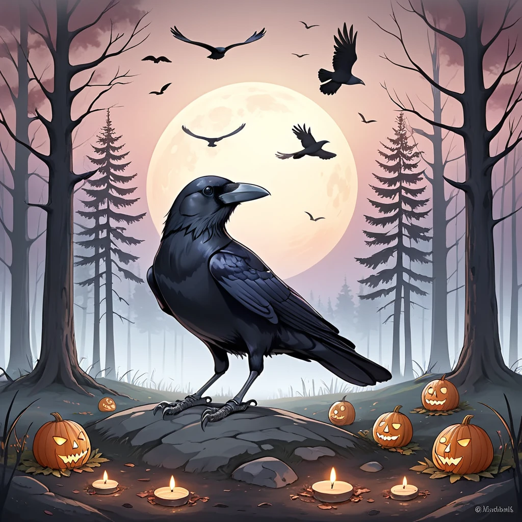 Crow, duskull, dusk, Crows fall all over the ground, dunkler Wald, Kommunismus, Utopie, die Seelen der Toten, riesiger roter Mond, Erschreckend \(sauber\), Crown, 
best quality, good quality, highres, Meisterwerk, 
