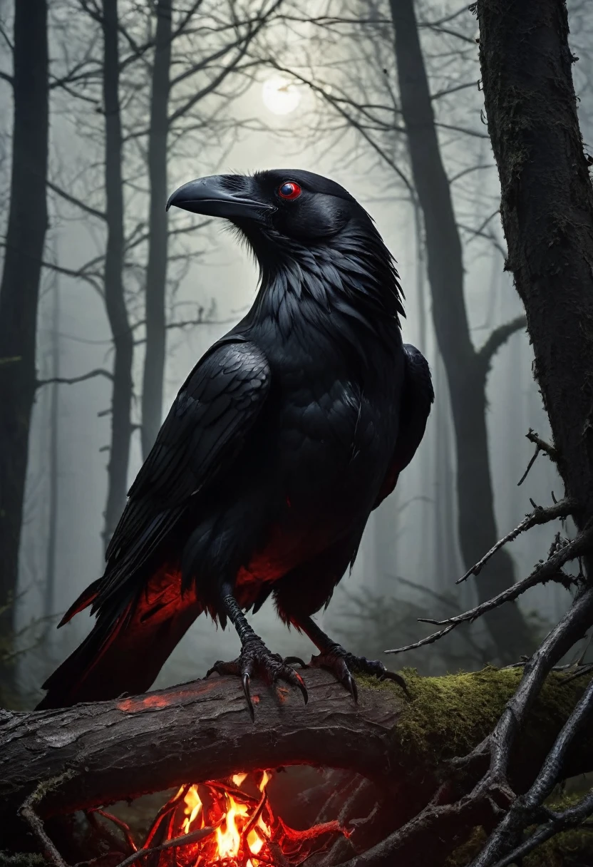 (best quality,4k,8k,highres,Meisterwerk:1.2),Ultra-detailliert,(realistisch,photorealistisch,photo-realistisch:1.37),dark gothic demon raven ,ominous atmosphere,ominous shadow raven,dramatische Beleuchtung,Beguilingly beautiful,flackerndes Kerzenlicht,Rauch und Nebel,fiery red and deep purple tones,dunkle und unheimliche Landschaft,makabre Figuren,kunstvolle gotische Architektur,Totenkopfmotive,Ethereal Beings,demonic raven creatures,Tanz der Dunkelheit,surreales visuelles Spektakel,schwarzes Leder und Spitze,leuchtende Pentagramme,Accessories with spikes,dark forest backdrop,twisted trees and branches,spectral entities,Mondheller Himmel,Blitzlichter,pulsierende Musik,supernatural energy,lebendige Neonfarben,transzendente Erfahrung