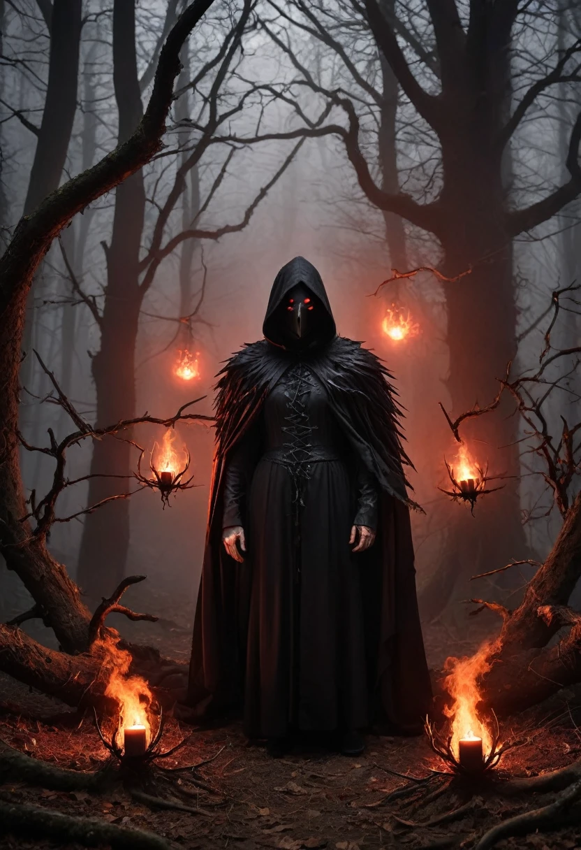 (best quality,4k,8k,highres,Meisterwerk:1.2),Ultra-detailliert,(realistisch,photorealistisch,photo-realistisch:1.37),dark gothic demon raven ,ominous atmosphere,ominous shadow raven,dramatische Beleuchtung,Beguilingly beautiful,flackerndes Kerzenlicht,Rauch und Nebel,fiery red and deep purple tones,dunkle und unheimliche Landschaft,makabre Figuren,kunstvolle gotische Architektur,Totenkopfmotive,Ethereal Beings,demonic raven creatures,Tanz der Dunkelheit,surreales visuelles Spektakel,schwarzes Leder und Spitze,leuchtende Pentagramme,Accessories with spikes,dark forest backdrop,twisted trees and branches,spectral entities,Mondheller Himmel,Blitzlichter,pulsierende Musik,supernatural energy,lebendige Neonfarben,transzendente Erfahrung