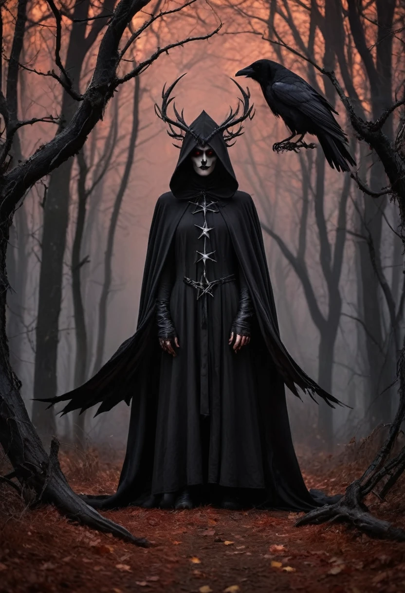 (best quality,4k,8k,highres,Meisterwerk:1.2),Ultra-detailliert,(realistisch,photorealistisch,photo-realistisch:1.37),dark gothic demon raven ,ominous atmosphere,ominous shadow raven,dramatische Beleuchtung,Beguilingly beautiful,flackerndes Kerzenlicht,Rauch und Nebel,fiery red and deep purple tones,dunkle und unheimliche Landschaft,makabre Figuren,kunstvolle gotische Architektur,Totenkopfmotive,Ethereal Beings,demonic raven creatures,Tanz der Dunkelheit,surreales visuelles Spektakel,schwarzes Leder und Spitze,leuchtende Pentagramme,Accessories with spikes,dark forest backdrop,twisted trees and branches,spectral entities,Mondheller Himmel,Blitzlichter,pulsierende Musik,supernatural energy,lebendige Neonfarben,transzendente Erfahrung