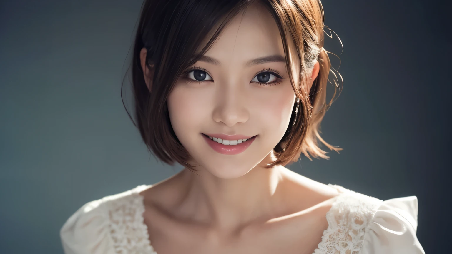 One Girl, (Dress in trendy fashion:1.2), (RAW Photos, highest quality), (Realistic, Photorealistic:1.4), Tabletop, Very delicate and beautiful, Very detailed, 2k wallpaper, wonderful, In detail, Very detailedな CG Unity 8K 壁紙, Very detailedな, High resolution, Soft Light, Beautiful detailed girl, looking at the camera、Very detailedな目と顔, Beautifully detailed nose, Beautiful fine details, short hair, small, White Shirt、White background、Background is white、Cinema Lighting, Perfect Anatomy, Slender body, smile,