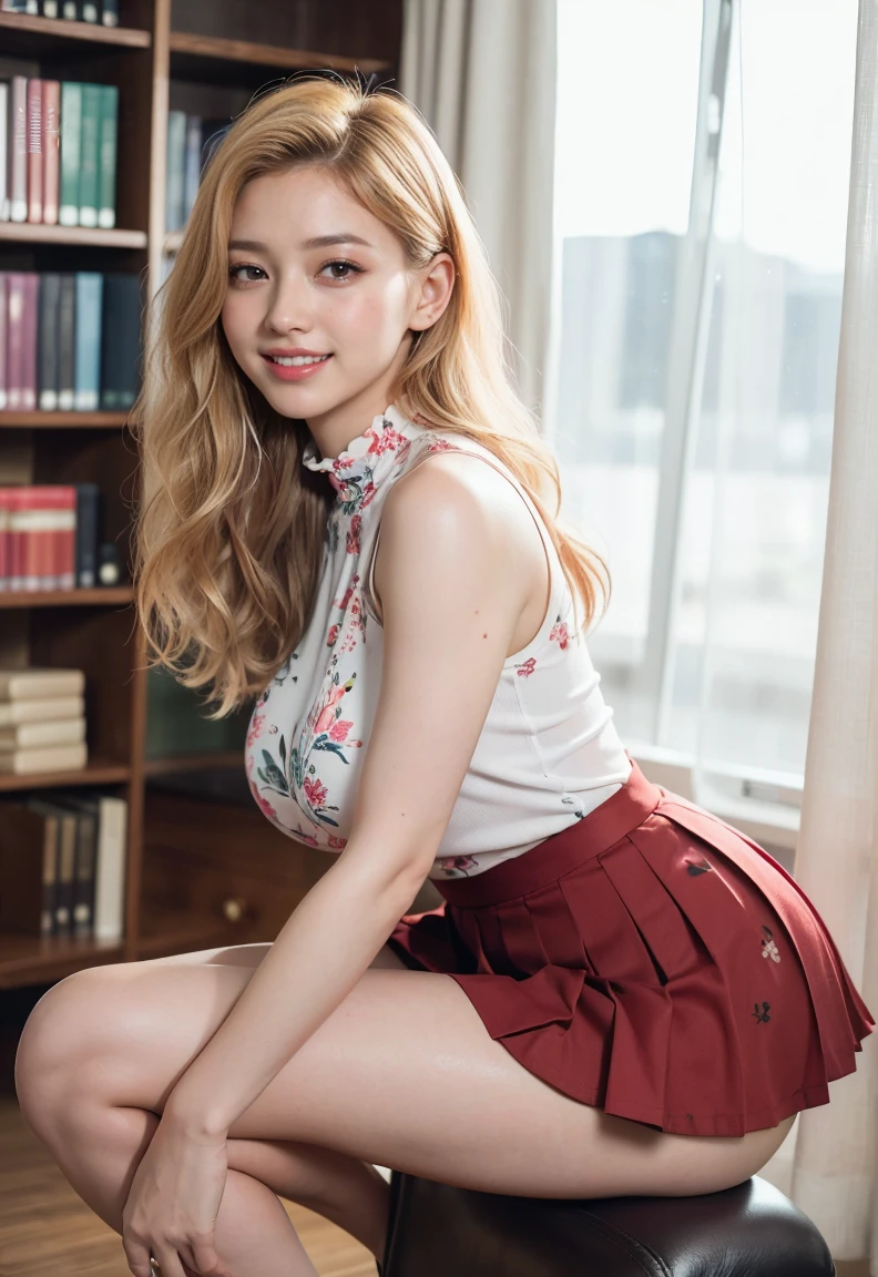 (((neat woman,Bright-eyed excitement,kind big smile,blush,blush,red cheek,please touch me,tempting viewer,i want you))),(kneeling,arched back,spread legs apart,her fingers between legs),((((blush,red cheek)))),(cinematic lighting), (Photo real:1.4)、(A hyper-realistic:1.4)、(Photorealistic:1.3)、 (gentle lighting: 1.05)、(Improve the lighting quality of your video:0.9)、 32k、25years old woman、photorealistic lighting、Back lighting、Facial Lights、Ray Trace、(bright:1.2)、(Increase quality:1.4)、 (best quality real texture skin)、Fair eyes,delicate face、 Close-up of the face, ((Wearing the printed high-neck sleeveless t-shirt, (no printed pleated skirt),high-heel),(Bodyline mood improvement:1.1)、Glossy skin、Korean Idol、Nogizaka Idol、good figure,perfect anatomy,Beautiful actress,(((beautiful large breasts,slender waist,slender hip,long slender legs,8heads tall))),(((8heads tall))),(((blonde wavy hair,curtain bangs))),(((in the beautiful modern office of library,super clean night view,in the night))),