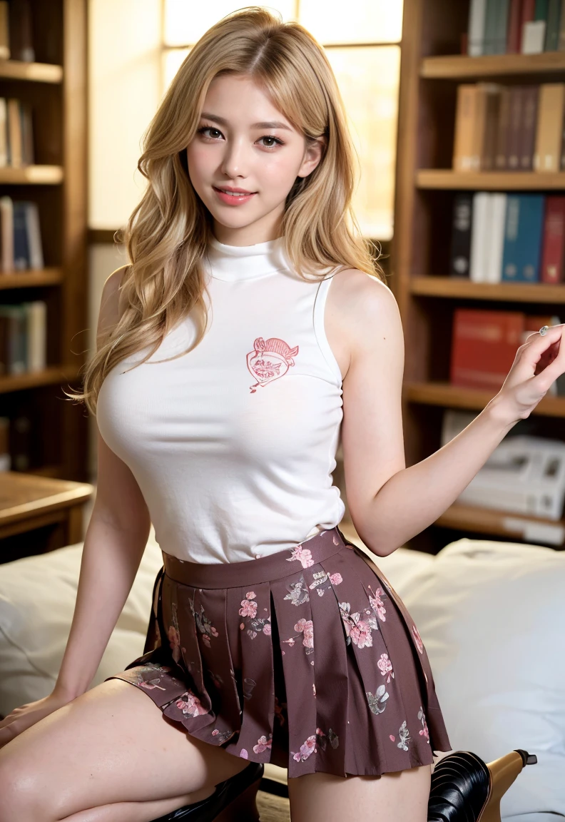 (((neat woman,Bright-eyed excitement,kind big smile,blush,blush,red cheek,please touch me,tempting viewer,i want you))),(kneeling,arched back,spread legs apart,her fingers between legs),((((blush,red cheek)))),(cinematic lighting), (Photo real:1.4)、(A hyper-realistic:1.4)、(Photorealistic:1.3)、 (gentle lighting: 1.05)、(Improve the lighting quality of your video:0.9)、 32k、25years old woman、photorealistic lighting、Back lighting、Facial Lights、Ray Trace、(bright:1.2)、(Increase quality:1.4)、 (best quality real texture skin)、Fair eyes,delicate face、 Close-up of the face, ((Wearing the printed high-neck sleeveless t-shirt, (no printed pleated skirt),high-heel),(Bodyline mood improvement:1.1)、Glossy skin、Korean Idol、Nogizaka Idol、good figure,perfect anatomy,Beautiful actress,(((beautiful large breasts,slender waist,slender hip,long slender legs,8heads tall))),(((8heads tall))),(((blonde wavy hair,curtain bangs))),(((in the beautiful modern office of library,super clean night view,in the night))),