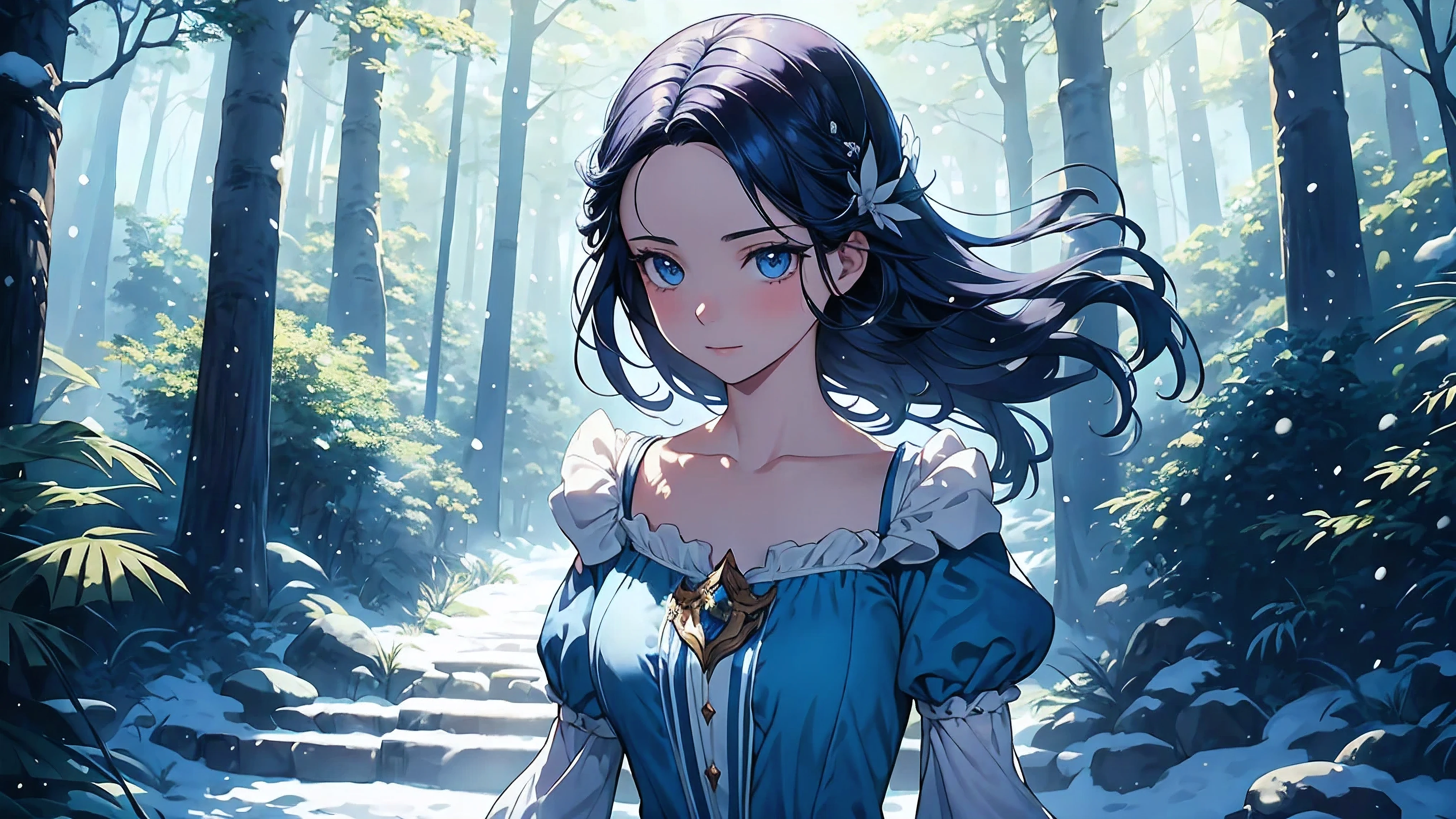 Generate an image that represents Snow White in a movie scene. Blancanieves, with her characteristic blue and yellow dress, It is located in the forest surrounded by leafy trees and forest animals. A su alrededor, The birds sing and the rabbits jump while Snow White walks with grace and serenity. En el fondo, el castillo del malvado reina se alza sobre una colina, envuelto en sombras y misterio. The scene is imbued with an aura of magic and charm, capturing the essence of the classic fairy tale in a memorable cinematic moment