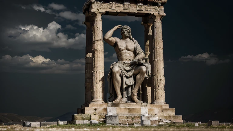 "A dark landscape image of an ancient greek society deeply connected to stoicism, black and white, ancient greek architecture, include one single big statue of a stereotypical strong greek man, marcus aurelius --ar 16:9 --style G4JuqKlERum6vZGYhO9USsL"
