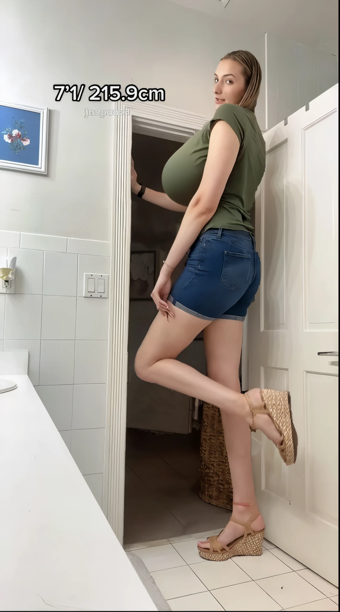 side view, plain shirt, (big giant enormous oversized massive huge colossal breasts:1.5), (gigantic sagging breasts:1.5)