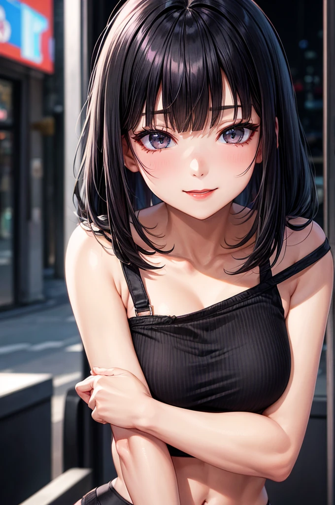 Face focus, portrait, Shiny black eyes, Feminine style, A girl, asymmetrical Bangs, Bangs, Black Hair, OKid, OK, Camera gaze, Smile, night, City, Bob Hairstyle, abdomen, Red lips, shirt, Solitary, permanent, OKid, Upper Body, underwear, pink underwear, Perfect body lines, fair kubire, fair, Naughty face