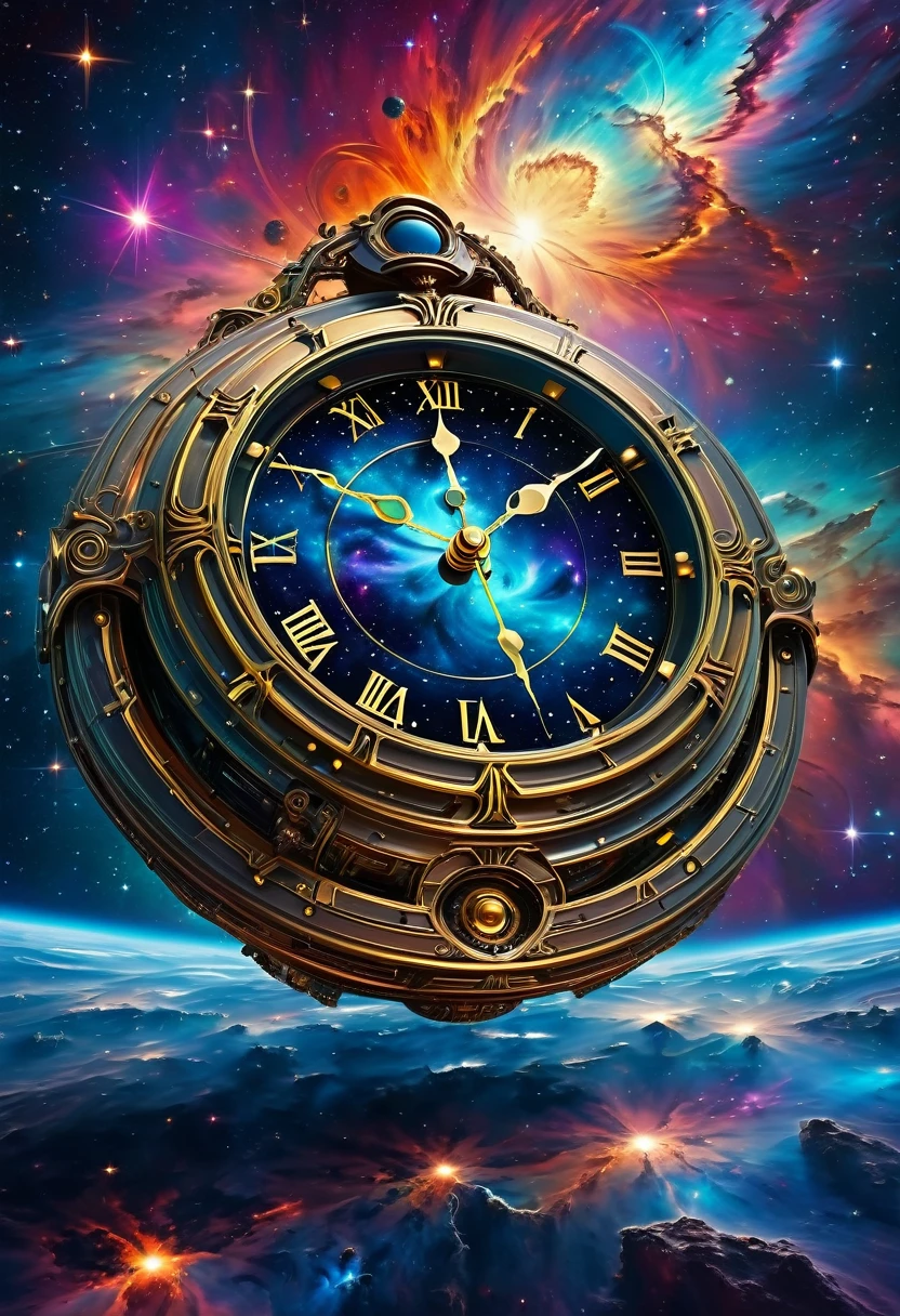 best quality,ultra-detailed,realistic,((1 big clock in space)),exquisite metal texture,masterpiece,surrealism,nebula in background,vibrant colors,magical lighting,cosmic atmosphere,stars and galaxies,shadows and highlights,metallic reflections,