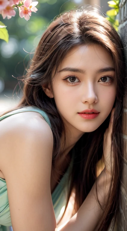(a girl),beautiful detailed eyes,beautiful detailed lips,(best quality,highres,masterpiece:1.2),(realistic:1.37),(vivid colors),(sharp focus),HDR,UHD,stunning backdrop,natural lighting,flower garden,joyful expression,(long hair),(lovely dress),inquisitive gaze,feminine face,soft features,graceful posture,playful atmosphere,lush greenery,colorful blooms,butterflies floating around,morning dew on flowers,rays of sunlight filtering through trees,happiness and serenity in her eyes,harmonious color palette,pure and vibrant energy,subtle shadows giving depth,impressive attention to detail