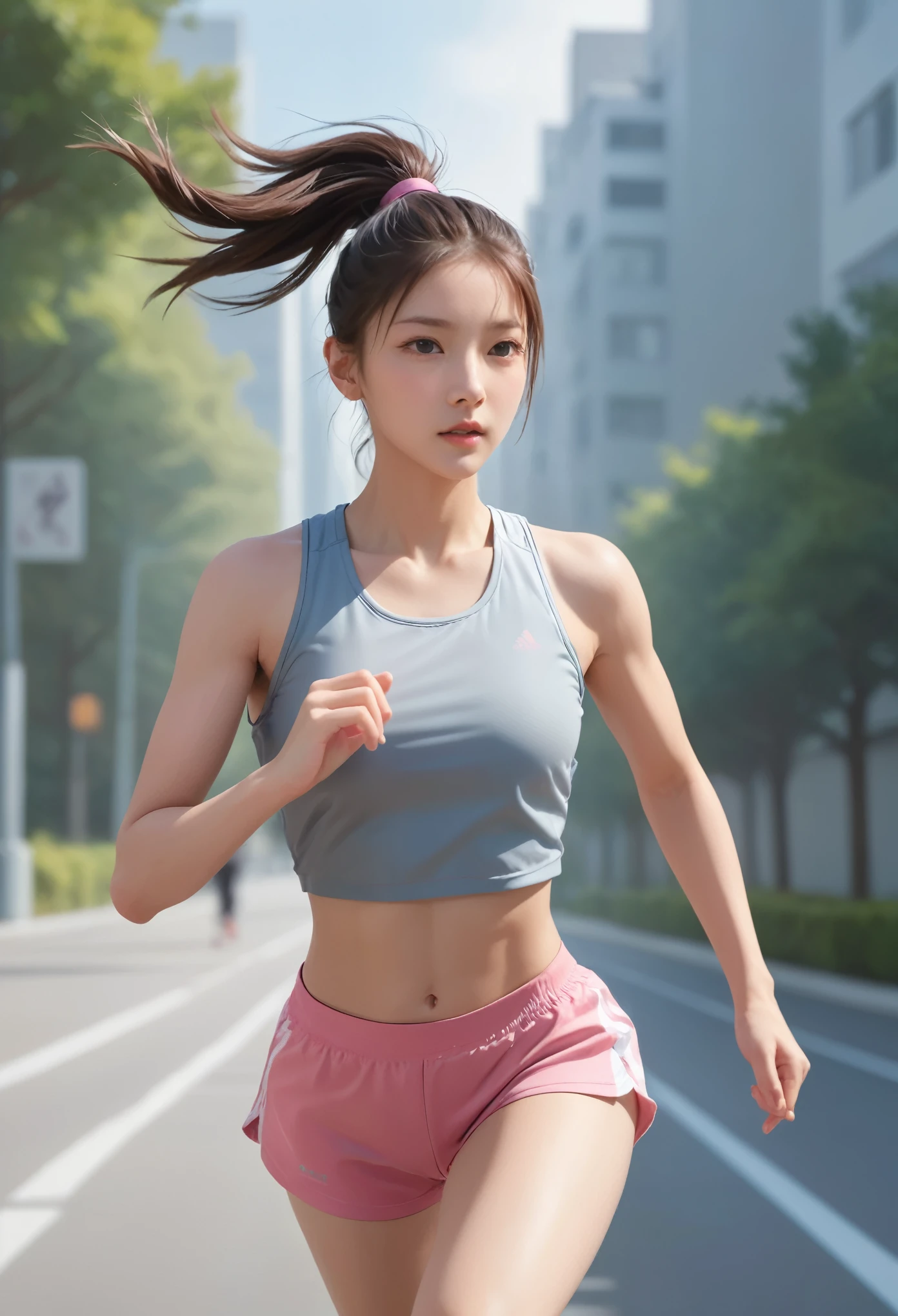 1 girl, solo, running, Gray Track Top, pink shorts, ponytail, athletic build, dynamic brushstrokes, fluid movement, capturing the essence of her athleticism and energy, using light colors and soft tones to create a dreamy and ethereal atmosphere, portraying the motion and grace of running, showing the wind blowing her ponytail and clothes, and the scenery of her surroundings.

outdoors, detailed background, Modern metropolis,