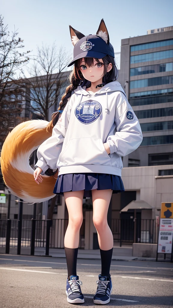 1girl, age, (animal ears), straight-on, full body, looking at viewer, hair between eyes, hair ornament, multicolored hair, twin braids, fox tail, (multiple tails:1.3), badge, bangs, (blue baseball cap:1.2), clothes writing, white clothes, hood, hood down, standing, long sleeves, closed mouth, (blue skirt:1.05), solo, (light blush:0.9), bare tree, building, city, cityscape, day, outdoors, street, tokyo (city), tree