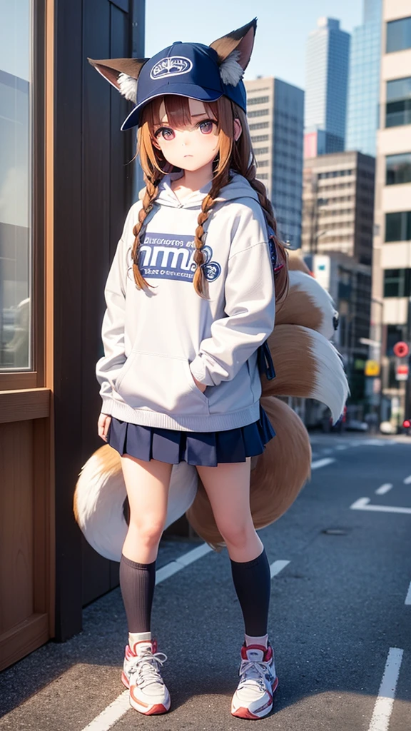 1girl, age, (animal ears), straight-on, full body, looking at viewer, hair between eyes, hair ornament, multicolored hair, twin braids, fox tail, (multiple tails:1.3), badge, bangs, (blue baseball cap:1.2), clothes writing, white clothes, hood, hood down, standing, long sleeves, closed mouth, (blue skirt:1.05), solo, (light blush:0.9), bare tree, building, city, cityscape, day, outdoors, street, tokyo (city), tree
