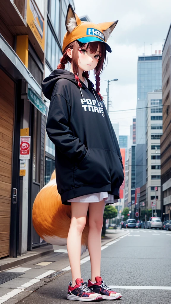 1girl, teenage, (animal ears), straight-on, full body, looking at viewer, hair between eyes, hair ornament, multicolored hair, twin braids, fox tail, (multiple tails:1.3), badge, bangs, (blue baseball cap:1.2), clothes writing, white clothes, hood, hood down, standing, long sleeves, closed mouth, (blue skirt:1.05), solo, (light blush:0.9), bare tree, building, city, cityscape, day, outdoors, street, tokyo (city), tree