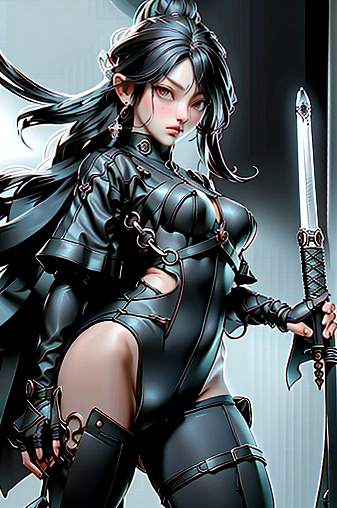 1girl, weapon, sword, jewelry, earrings, black_hair, breasts, solo, gloves, holding_weapon, holding_sword, medium_breasts 
