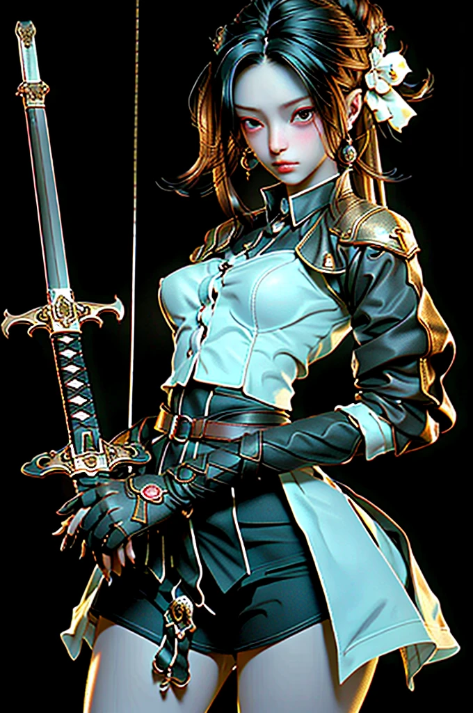 1girl, weapon, sword, jewelry, earrings, black_hair, breasts, solo, gloves, holding_weapon, holding_sword, medium_breasts