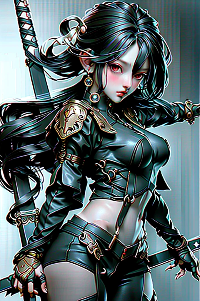 1girl, weapon, sword, jewelry, earrings, black_hair, breasts, solo, gloves, holding_weapon, holding_sword, medium_breasts 