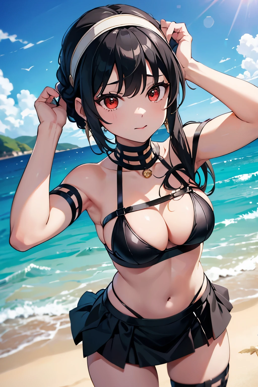 (Yor Briar), (high quality, maximum quality, 8k), (lighting effects), (beach), (crouching), (bikini), (black bikini), (straps), (choker), (black skirt), (short skirt), (straps on right thigh), (braided hair), (white headband), (tied-up hair), (twin braids), (red eyes), (detailed eyes), (gold earrings), (senos grandes), (nalgas grandes), (shy), (posing for a selfie)