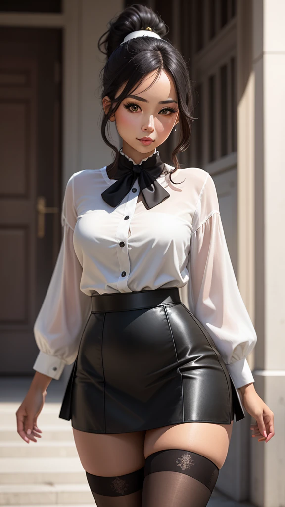 full-length portrait, a 1girl, a mulatto, real skin, black stockings, amber eyes, hairstyle "ponytail", closed mouth, lips, looking a viewer, Portrait, Sketch, solo, black skirt to the middle of the thigh, white blouse, Portrait