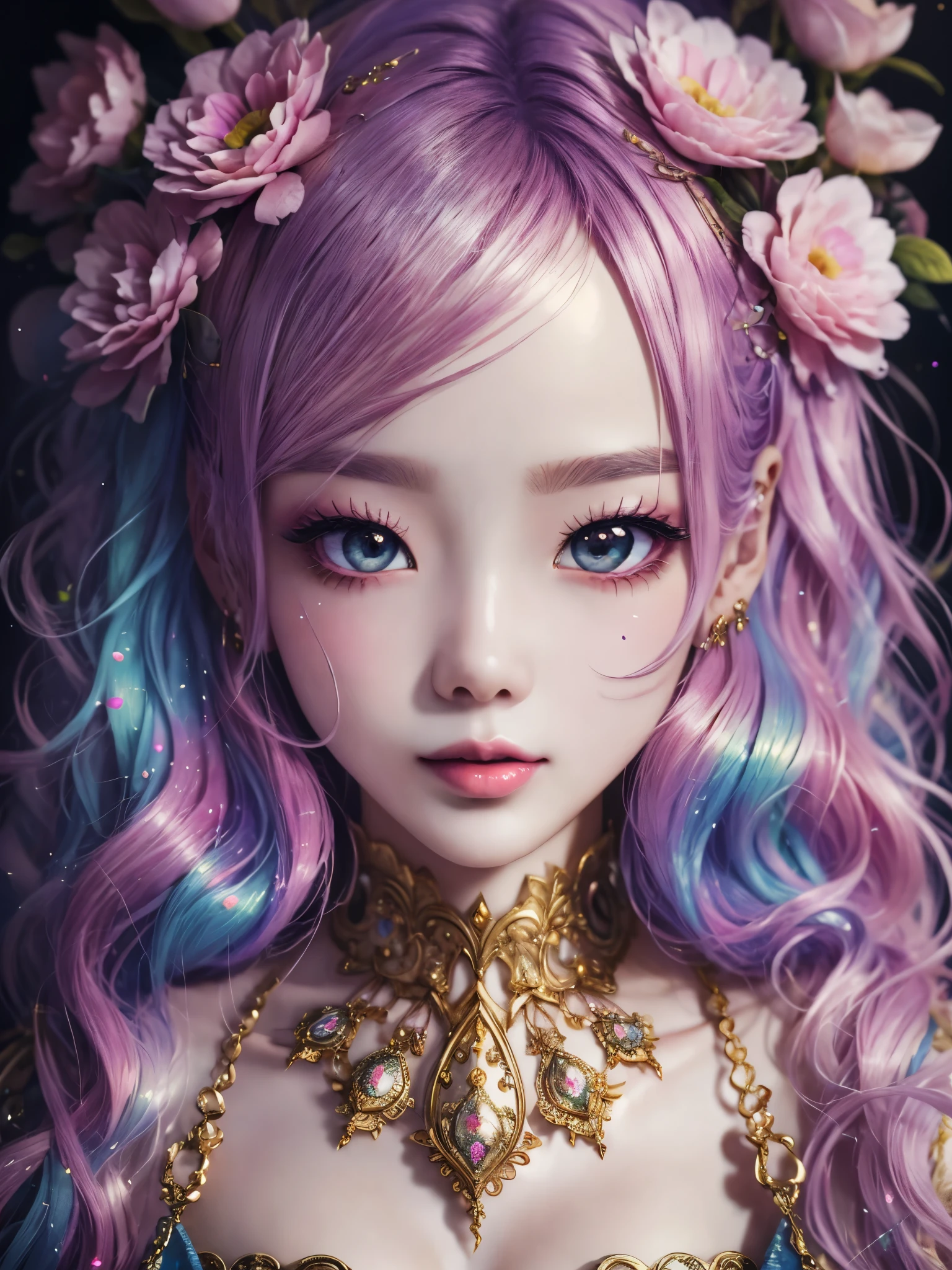 this artwork should be colorful and evoke feelings of euphoria and ecstasy. generate a beautiful fantasy woman with an interesting and dynamic manic expression. the woman is dressed in the style of harajuku decora fashion. there are many intricate and highly detailed decora fashion accents. clothing is ornate and extravagant with contrasting colors, textures, and patterns. include strong influences from lisa frank. include many awe-inspiring fantasy elements. ((include phantasmal iridescence, crystals, bumps, and rainbow colors that drip like paint through the artwork.)) rainbow paint should drip through hair and onto face and body. pay particular attention to a beautifully detailed face with realistic shading. include 8k eyes, highly detailed eyes, realistically detailed eyes, macro eyes, bright eyes. the overall feeling of this artwork should be happiness and excitement. the artwork should be highly ornate. impress me. the artwork should be highly creative and ultra ornate. include many decora decorations and accessories. (fantasy00d), high quality, highres, detail enhancement