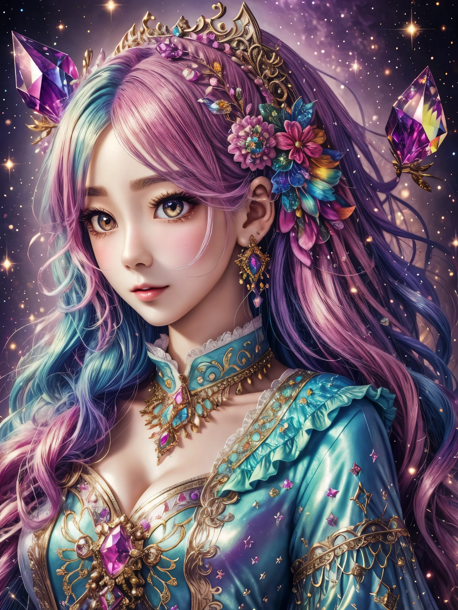 this artwork should be colorful and evoke feelings of euphoria and ecstasy. generate a beautiful fantasy woman with an interesting and dynamic manic expression. the woman is dressed in the style of harajuku decora fashion. there are many intricate and highly detailed decora fashion accents. clothing is ornate and extravagant with contrasting colors, textures, and patterns. include strong influences from lisa frank. include many awe-inspiring fantasy elements. ((include phantasmal iridescence, crystals, bumps, and rainbow colors that drip like paint through the artwork.)) rainbow paint should drip through hair and onto face and body. pay particular attention to a beautifully detailed face with realistic shading. include 8k eyes, highly detailed eyes, realistically detailed eyes, macro eyes, bright eyes. the overall feeling of this artwork should be happiness and excitement. the artwork should be highly ornate. impress me. the artwork should be highly creative and ultra ornate. include many decora decorations and accessories. (fantasy00d), high quality, highres, detail enhancement