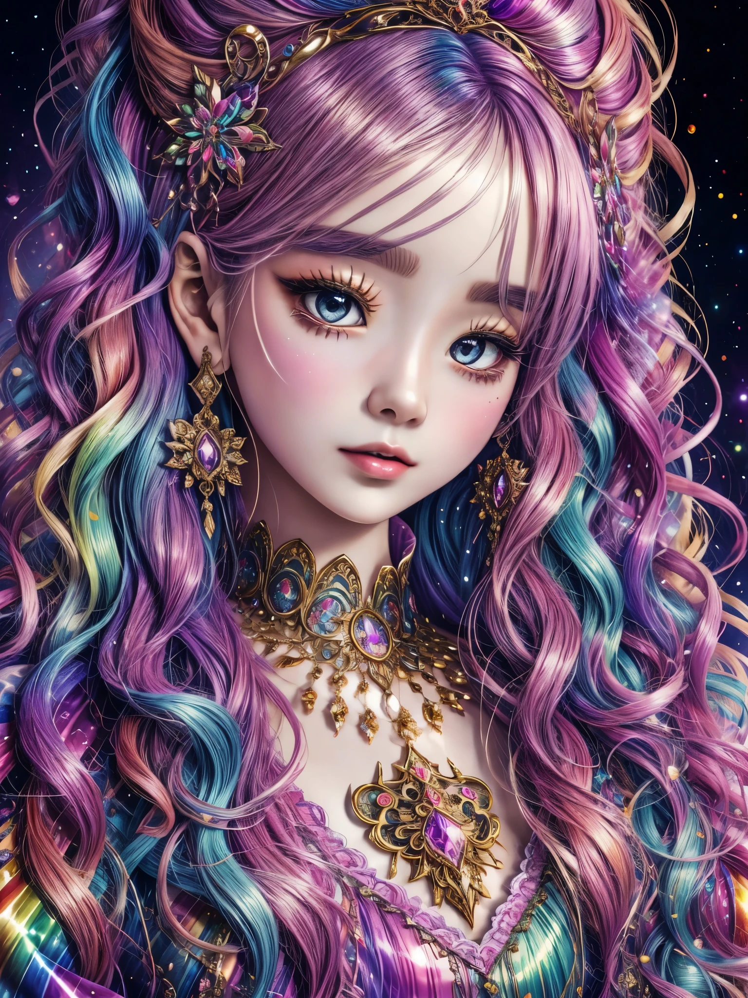 this artwork should be colorful and evoke feelings of euphoria and ecstasy. generate a beautiful fantasy woman with an interesting and dynamic manic expression. the woman is dressed in the style of harajuku decora fashion. there are many intricate and highly detailed decora fashion accents. clothing is ornate and extravagant with contrasting colors, textures, and patterns. include strong influences from lisa frank. include many awe-inspiring fantasy elements. ((include phantasmal iridescence, crystals, bumps, and rainbow colors that drip like paint through the artwork.)) rainbow paint should drip through hair and onto face and body. pay particular attention to a beautifully detailed face with realistic shading. include 8k eyes, highly detailed eyes, realistically detailed eyes, macro eyes, bright eyes. the overall feeling of this artwork should be happiness and excitement. the artwork should be highly ornate. impress me. the artwork should be highly creative and ultra ornate. include many decora decorations and accessories. (fantasy00d), high quality, highres, detail enhancement