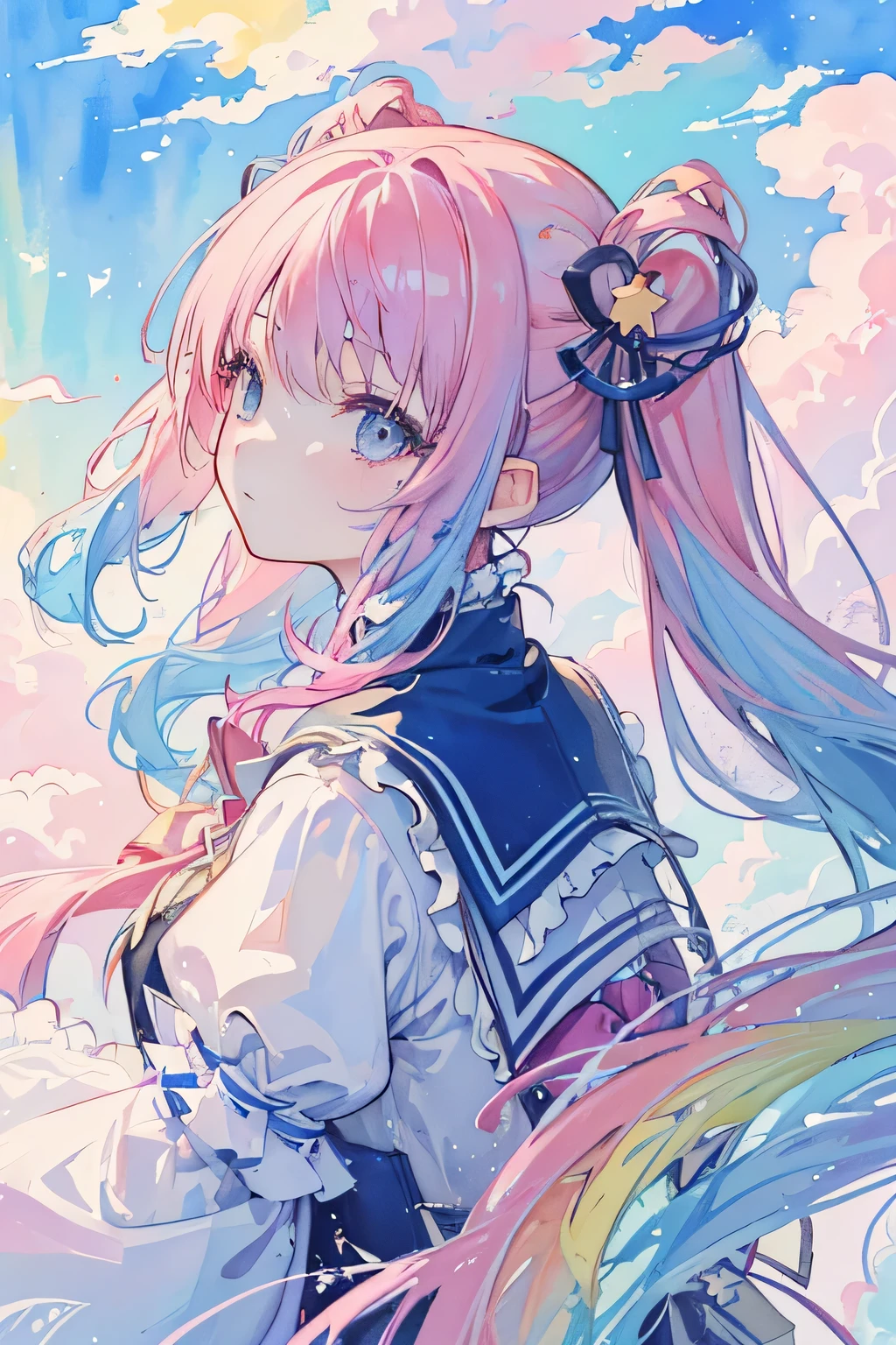 (masterpiece, highest quality, highest quality,watercolor (Moderate),Official Art, beautifully、aesthetic:1.2),(One girl:1.3), (Fractal Art:1.3),Upper Body, From the side, View your viewers,pattern,(Rainbow Hair,colorful hair,Half Blue、Twin tails、Half pink hair:1.2),water,liquid, cloud,colorful, Starry sky,performer,