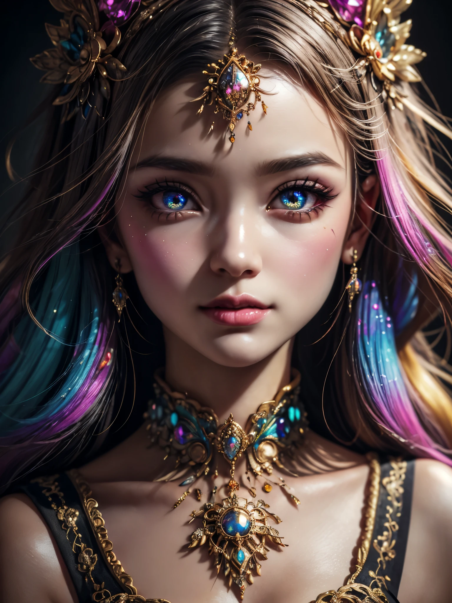 this artwork should be colorful and evoke feelings of euphoria and ecstasy. generate a beautiful fantasy woman with an interesting and dynamic manic expression. the woman is dressed in the style of harajuku decora fashion. there are many intricate and highly detailed decora fashion accents. clothing is ornate and extravagant with contrasting colors, textures, and patterns. include strong influences from lisa frank. include many awe-inspiring fantasy elements. ((include phantasmal iridescence, crystals, bumps, and rainbow colors that drip like paint through the artwork.)) rainbow paint should drip through hair and onto face and body. pay particular attention to a beautifully detailed face with realistic shading. include 8k eyes, highly detailed eyes, realistically detailed eyes, (((macro eyes))), bright eyes. the overall feeling of this artwork should be happiness and excitement. the artwork should be highly ornate. impress me. the artwork should be highly creative and ultra ornate. include many decora decorations and accessories. (fantasy00d), high quality, highres, detail enhancement