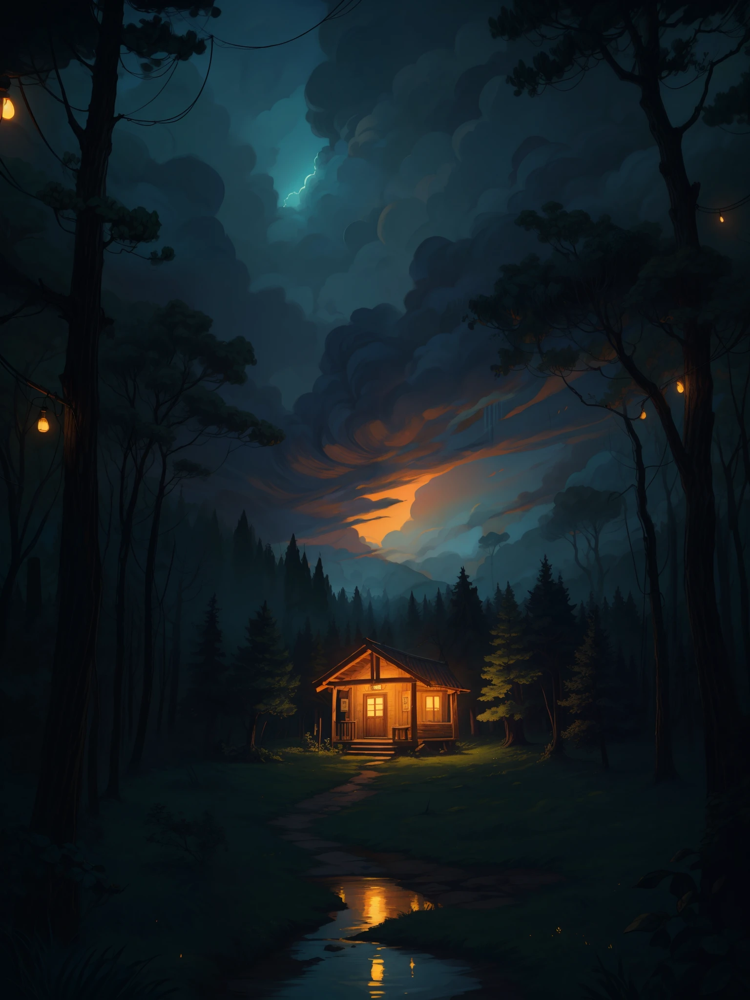 aerial view of cabin in a scenery from a mystical movie, mystical, string lights, evening time, dim light, vibrant tones, mysterious forest of pandora, thick lines, cozy tones, ruver, reflection, unique trees, mystical world, dramatic cloudy sky, magical, shade, shadow, ghibli style, outdoors, cozy atmosphere, micro landscape, intrinsic details
