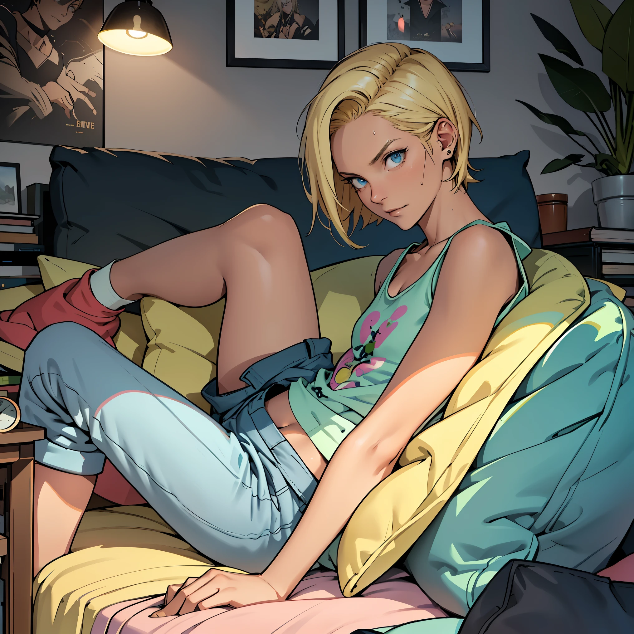 1girl, (solo:1.2), (looking at viewer:1.5), (interesting pose:1.2), (dynamic pose:1.2), (portait:1.3) bartolomeobari, expert shading, low contrast, clean lineart, (masterpiece:1.3), (best quality:1.3), (perfect anatomy:1.4), highly detailed, android18, earrings, denim, belt, blonde hair, blue eyes, short hair, jewelry, (denim vest:1.2), open vest, black pantyhose, black shirt, denim skirt, (white striped long sleeves), blue skirt, large breasts, (cozy bedroom:1.5), (warm lighting:1.3), (lots of pillows:1.2), slightly messy, inside, nighttime, (large house plants:1.3), colorful bedsheets, single person bed, curtains,
