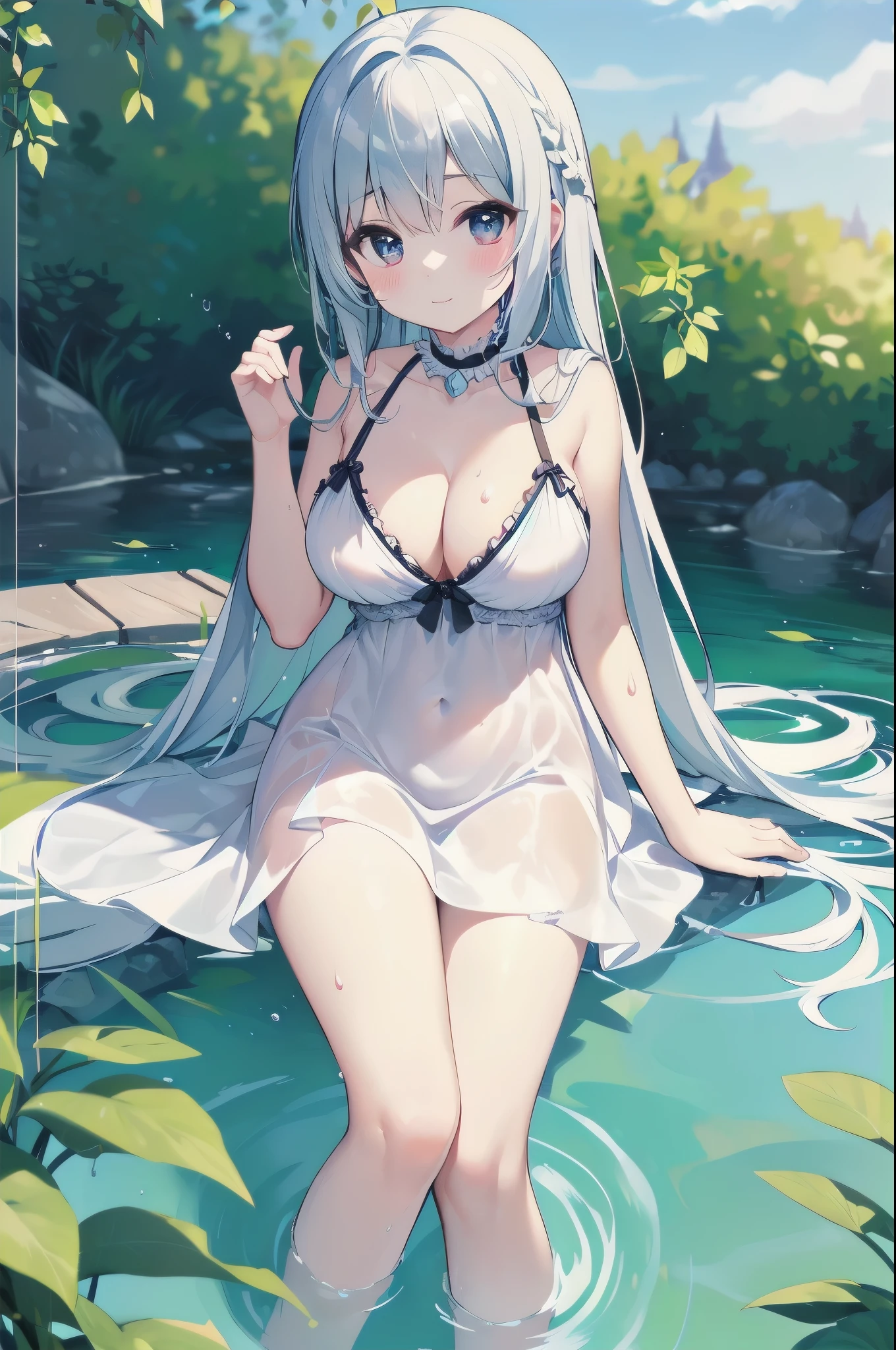 （Masterpiece）、(highest quality)、((Super detailed))、(Ultra delicate)、Pastel colored hair、Beautiful breasts、A young princess bathing in a lake、wet white dress