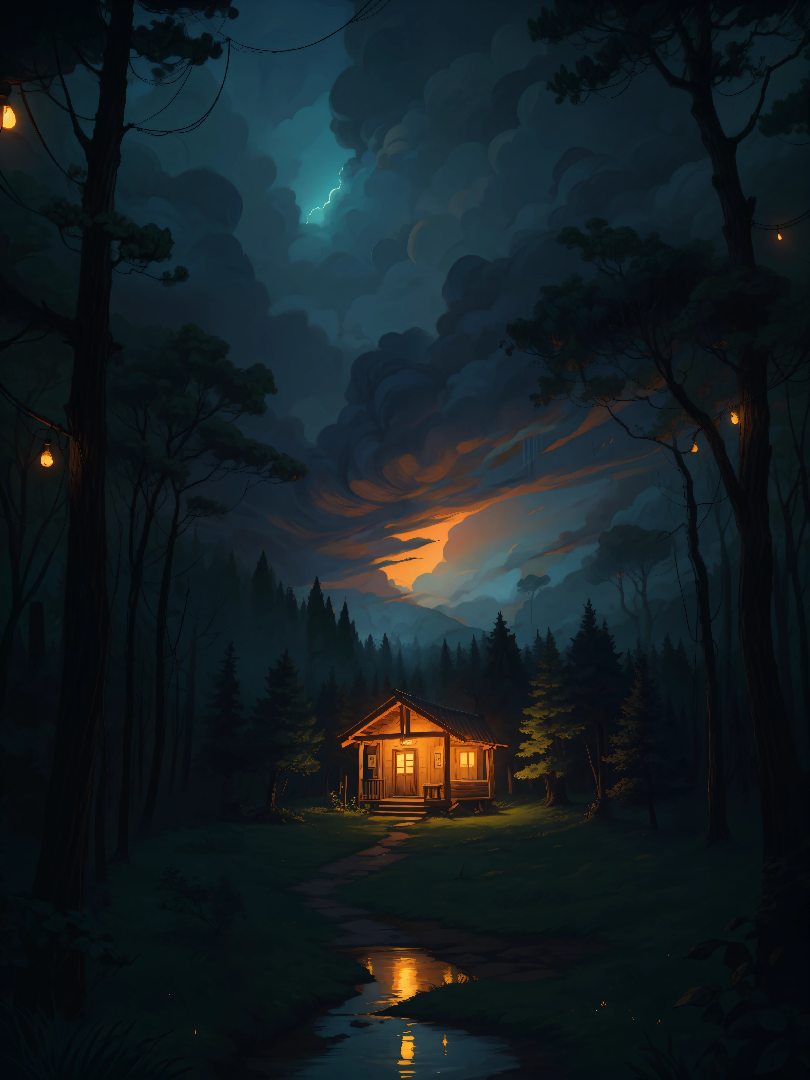 aerial view of cabin in a scenery from a mystical movie, mystical, string lights, evening time, dim light, vibrant tones, mysterious forest of pandora, thick lines, cozy tones, ruver, reflection, unique trees, mystical world, dramatic cloudy sky, magical, shade, shadow, ghibli style, outdoors, cozy atmosphere, micro landscape, intrinsic details