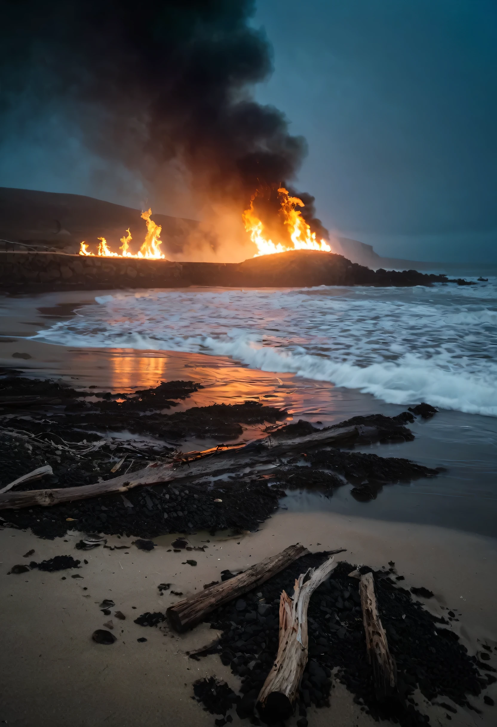 add more flames, make more creepy and ominous, add mist and smoke