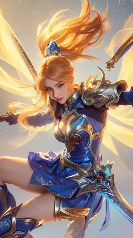 a woman in a blue dress holding a sword and a sword, orianna, lux from league of legends, extremely detailed artgerm, lux, artgerm detailed, artgerm lau, freya, brigitte, artgerm style, cyarine, style artgerm, angel knight girl, as seen on artgerm, league of legends character