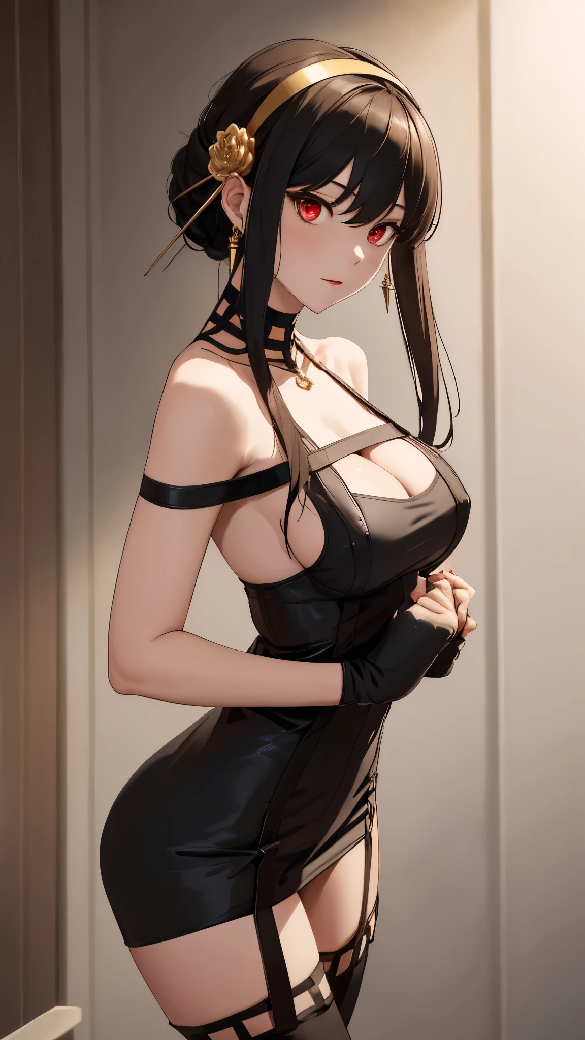 masterpiece, best quality, highres, aayorf, sidelocks, gold hairband, hair ornament, red eyes, gold earring, large breasts, choker, bare shoulders, black dress, two-sided dress, fingerless gloves, thigh boots, cowboy shot, standing, field, from side,