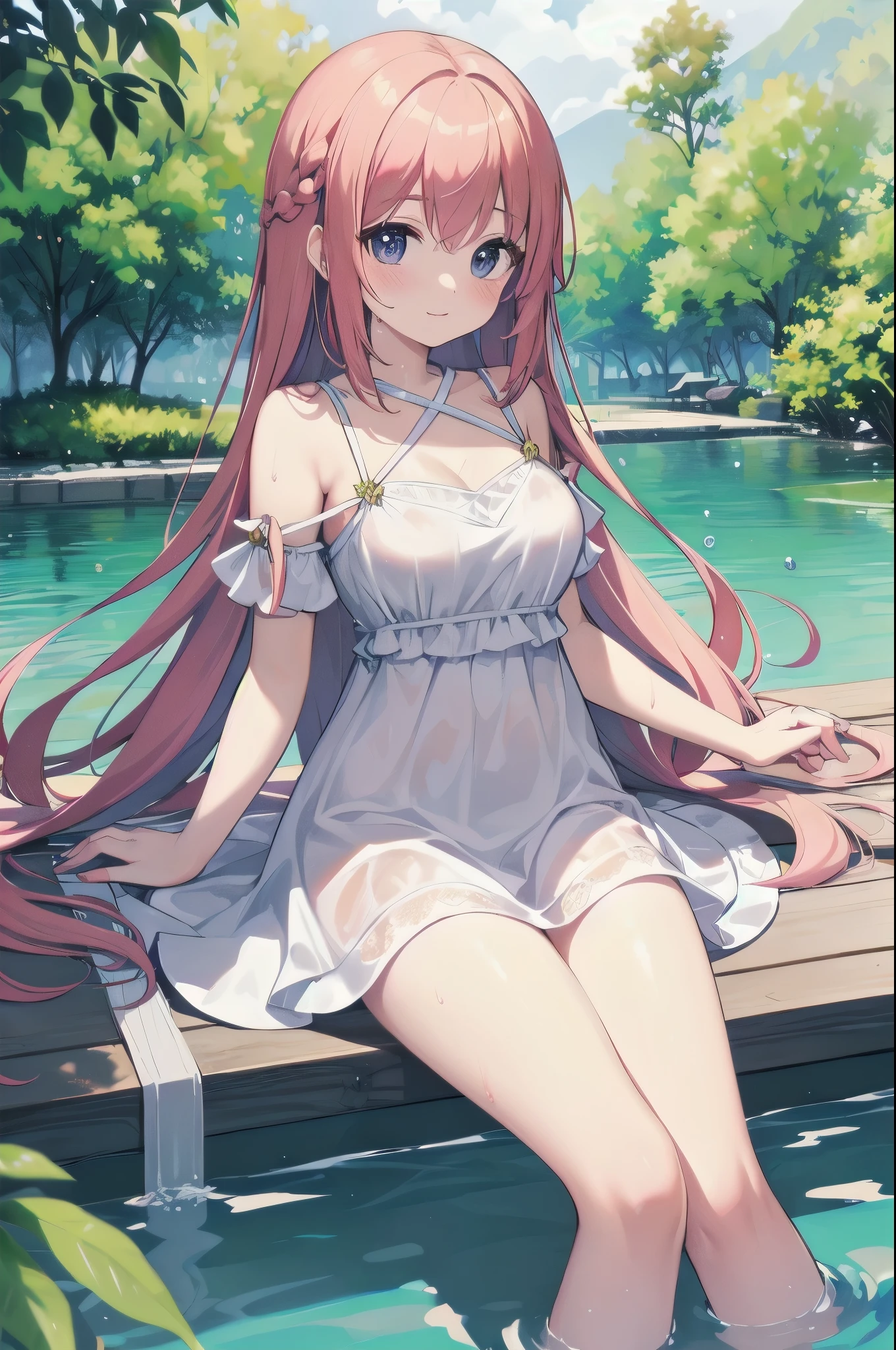 (Masterpiece)、(highest quality)、((Super detailed))、(Ultra delicate)、Pastel colored hair、Beautiful breasts、A young princess bathing in a lake、wet white dress