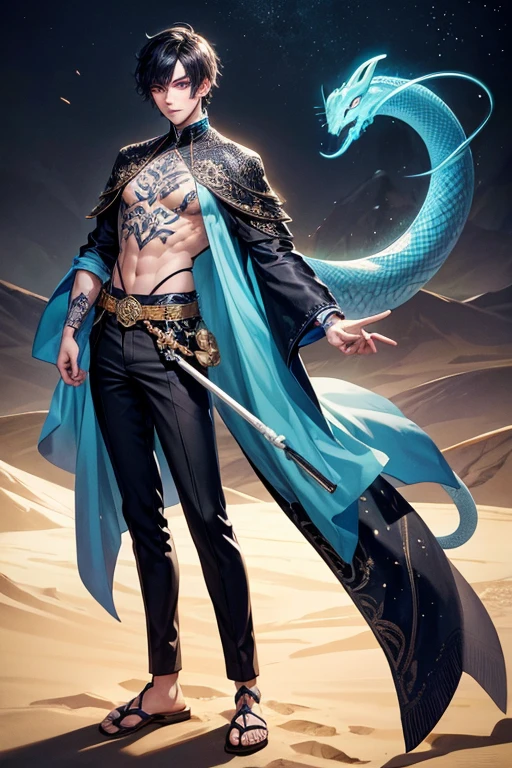 Young man, effeminate face, sorcerer, very short black hair, freckles, very light blue fluorescent eyes, lots of tattoos, snake tattoo, rat tattoo, oriental pants, Japanese , oriental, desert, marble castle, blue magic, detailed face, detailed eyes, detailed hair, full body, desert greenery, desert plant, wind, magic wand, Arab city.