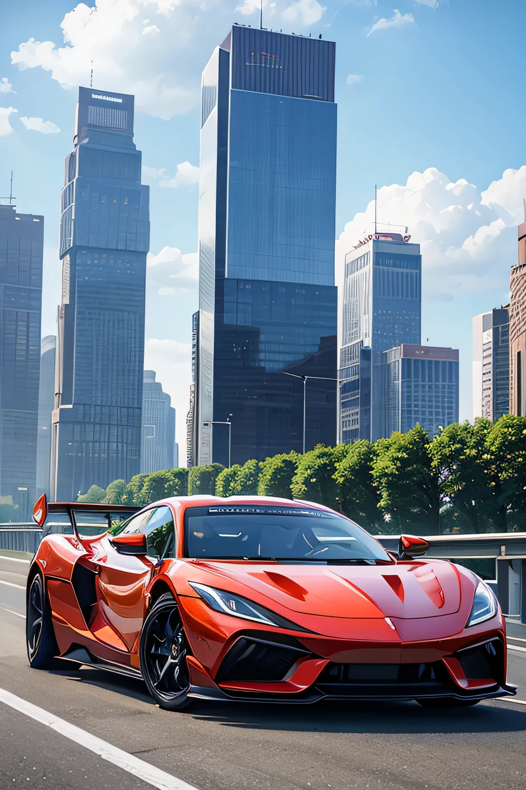 Super bright and modern metallic-vermillion racing car is running on the expressway,
City of high transportation technology complex, skyscrapers , and towers,
Good green environmental atmosphere,
Morning sunlight with blue sky and white cloud