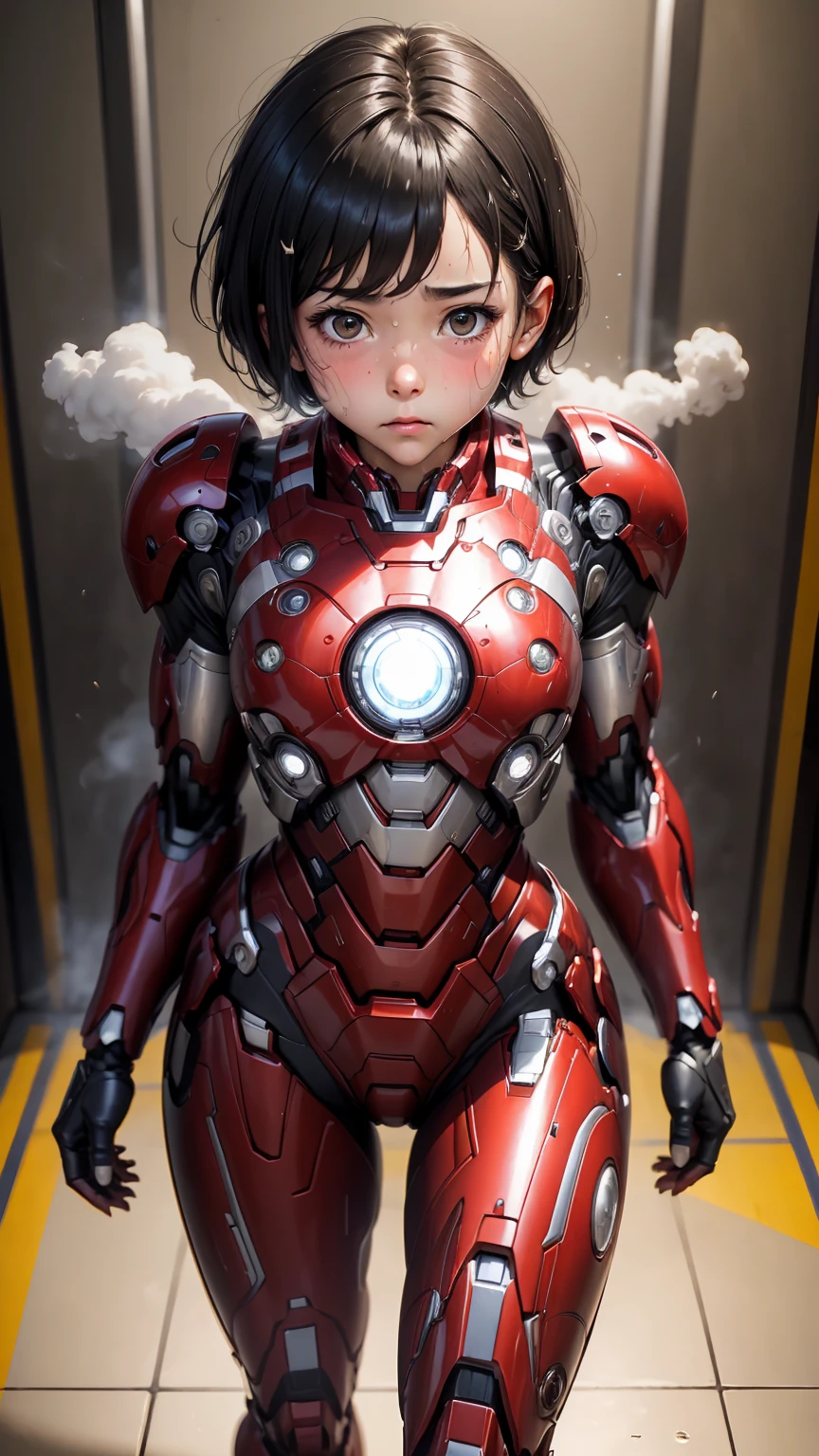 highest quality　8k Iron Man Suit Girl　Elementary school girl　Sweaty face　cute　short hair　boyish　Steam coming out of the head　My hair is wet with sweat　Black hair feeling　Full body portrait