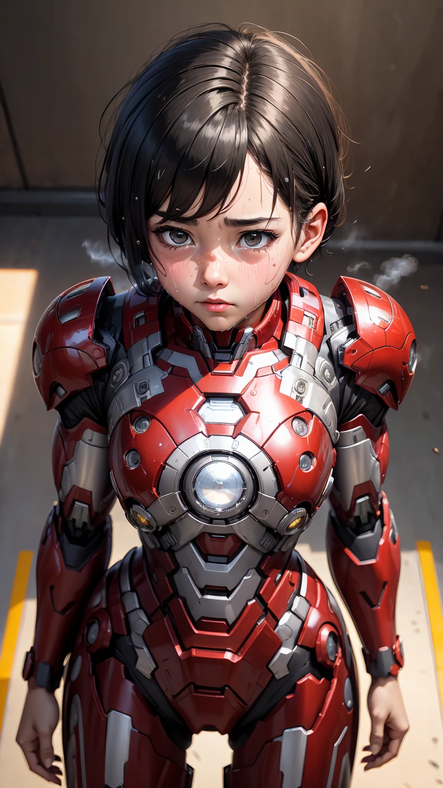 highest quality　8k Iron Man Suit Girl　Elementary school girl　Sweaty face　cute　short hair　boyish　Steam coming out of the head　My hair is wet with sweat　Black hair feeling　Full body portrait