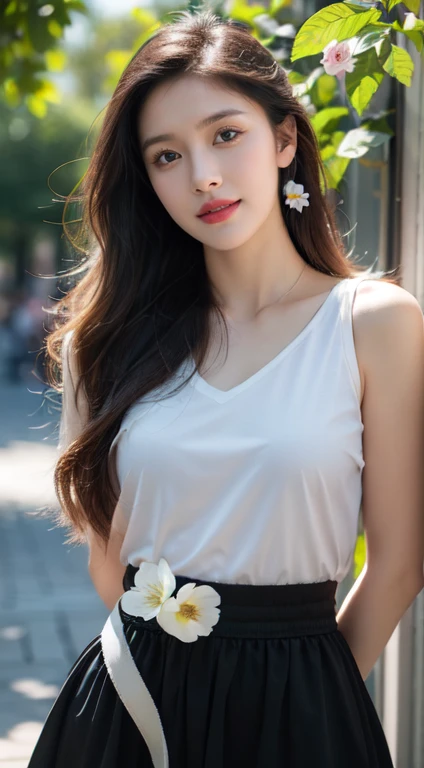 (a girl),beautiful detailed eyes,beautiful detailed lips,(best quality,highres,masterpiece:1.2),(realistic:1.37),(vivid colors),(sharp focus),HDR,UHD,stunning backdrop,natural lighting,flower garden,joyful expression,(long hair),(lovely dress),inquisitive gaze,feminine face,soft features,graceful posture,playful atmosphere,lush greenery,colorful blooms,butterflies floating around,morning dew on flowers,rays of sunlight filtering through trees,happiness and serenity in her eyes,harmonious color palette,pure and vibrant energy,subtle shadows giving depth,impressive attention to detail
