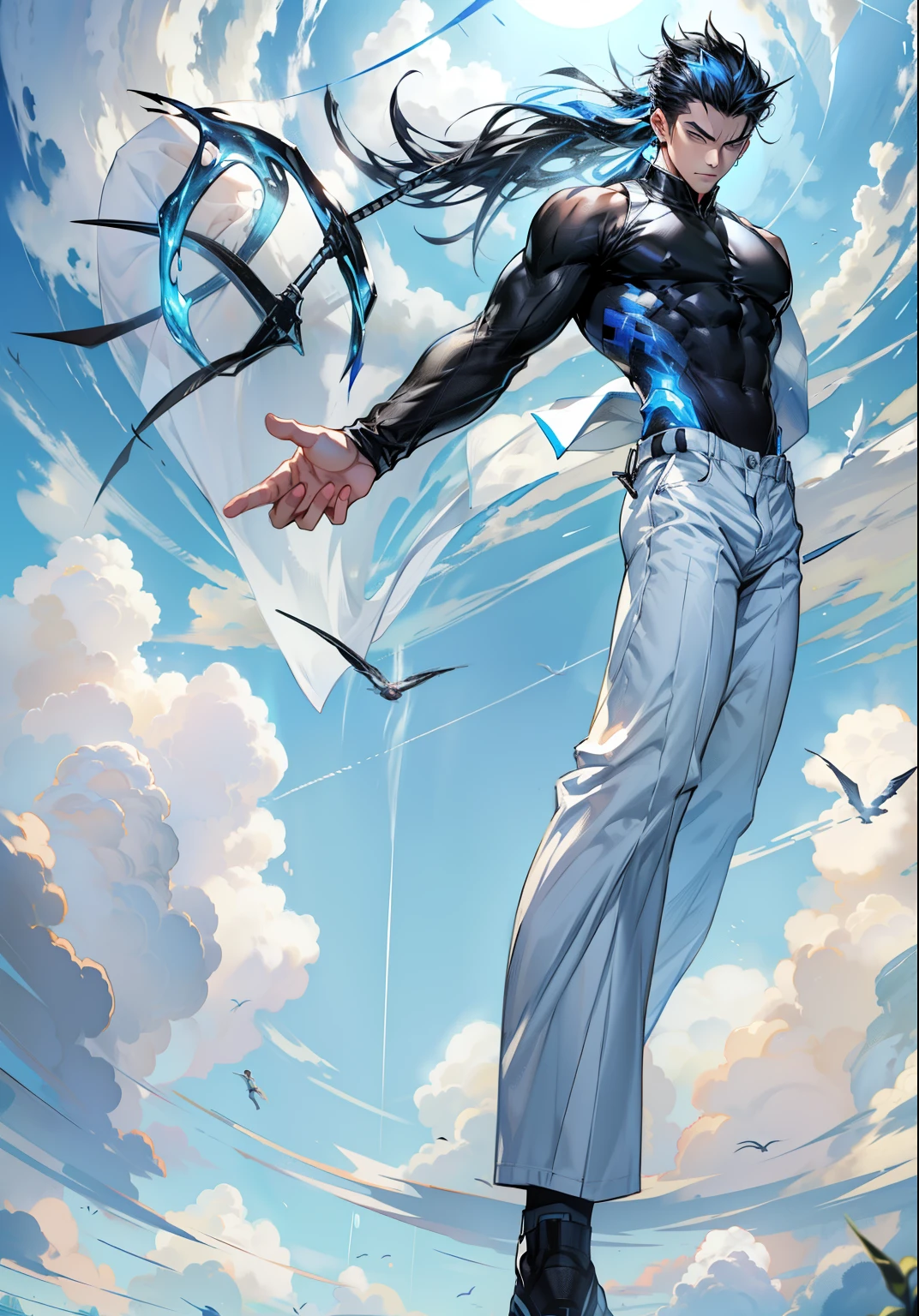 boys 26 Years old, Serious face, wearing white singlet shirt, black pants, levitate on sky, blue sky, cloud