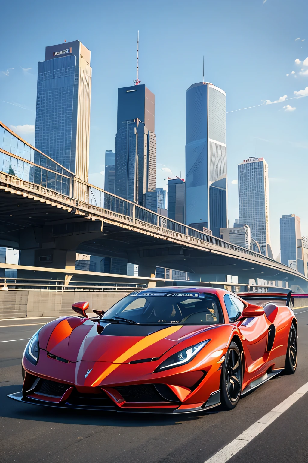 Super bright and modern metallic-vermillion racing car is running on the expressway,
City of high transportation technology complex, skyscrapers , and towers,
Good green environmental atmosphere,
Morning sunlight with blue sky and white cloud